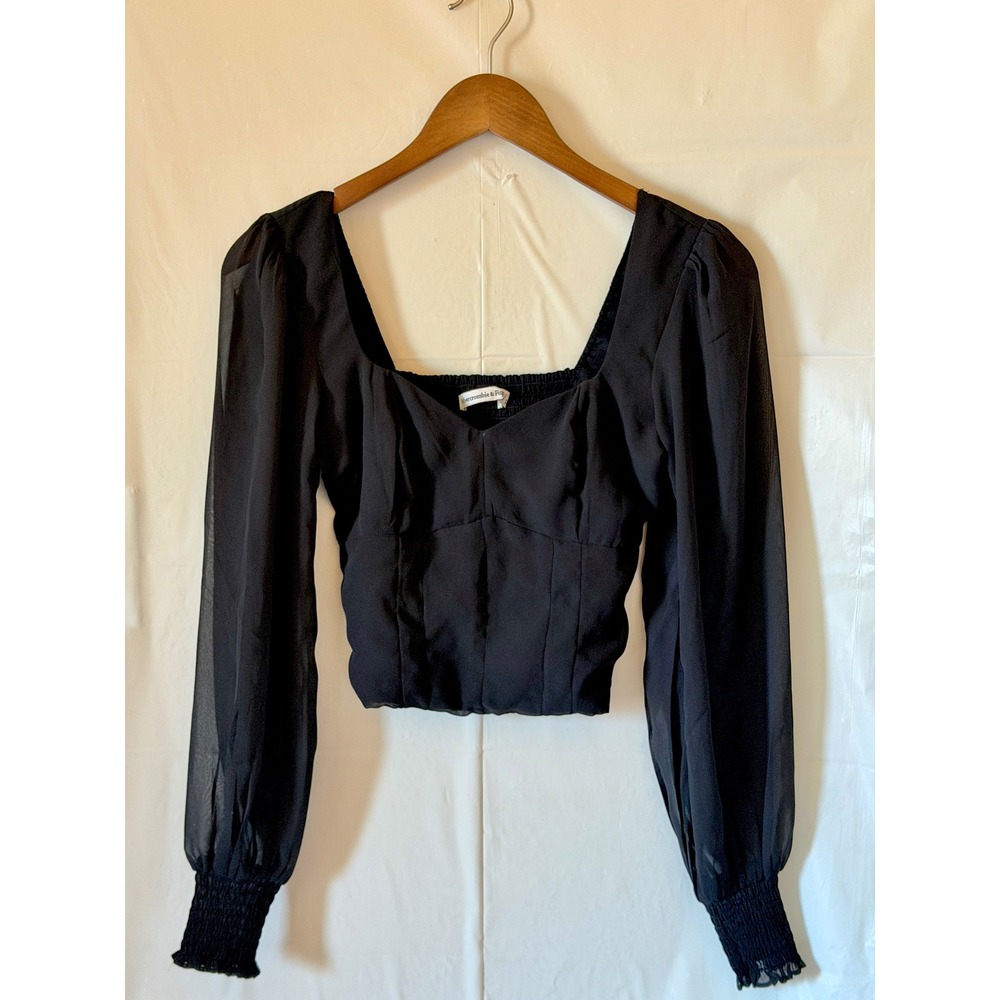 Abercrombie & Fitch Black Sheer Sleeve Smocked Sweetheart Crop Top, Size XS